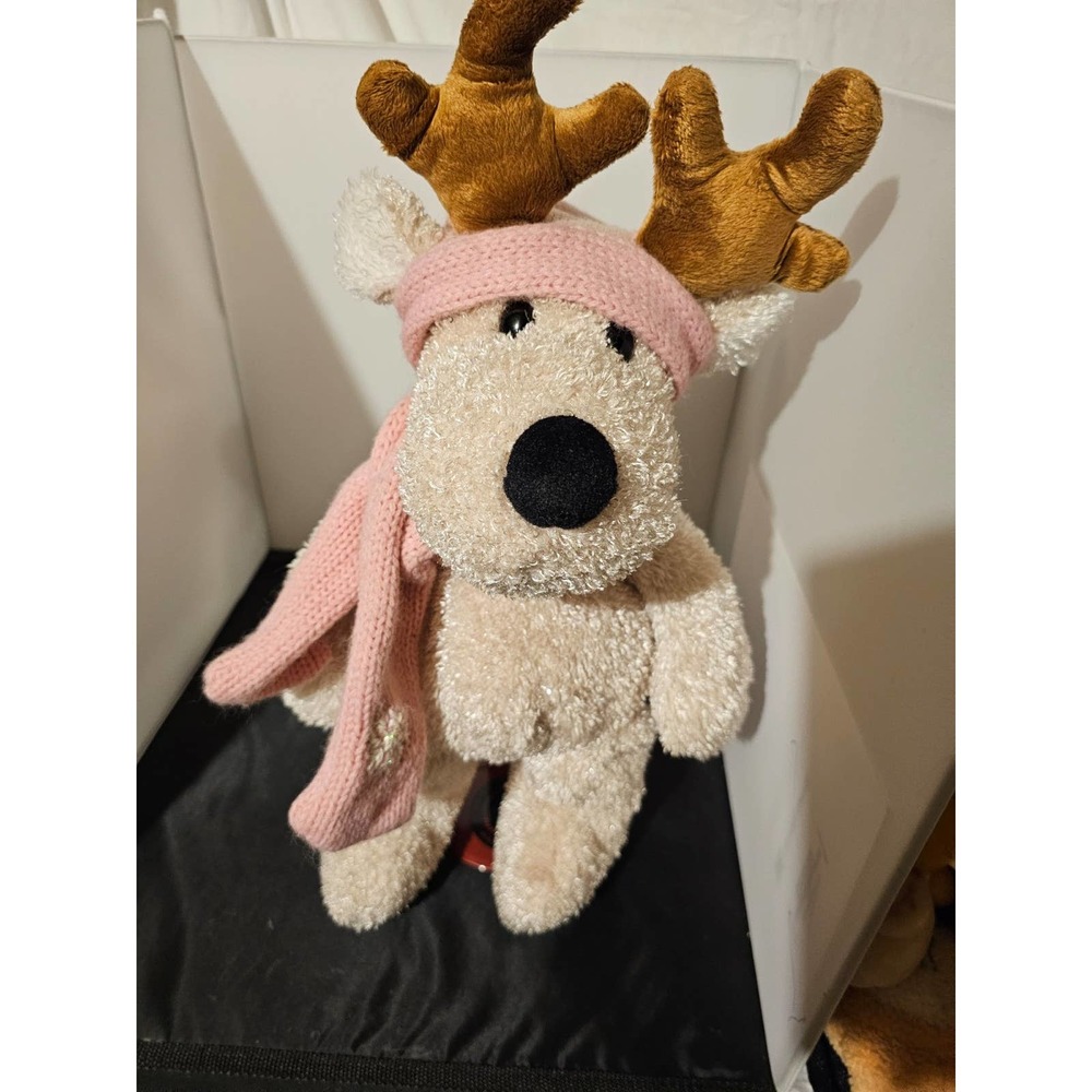 1999 Commonwealth Reindeer Plush Sparkly Ivory Floppy Pink Scarf Hat 18” F1